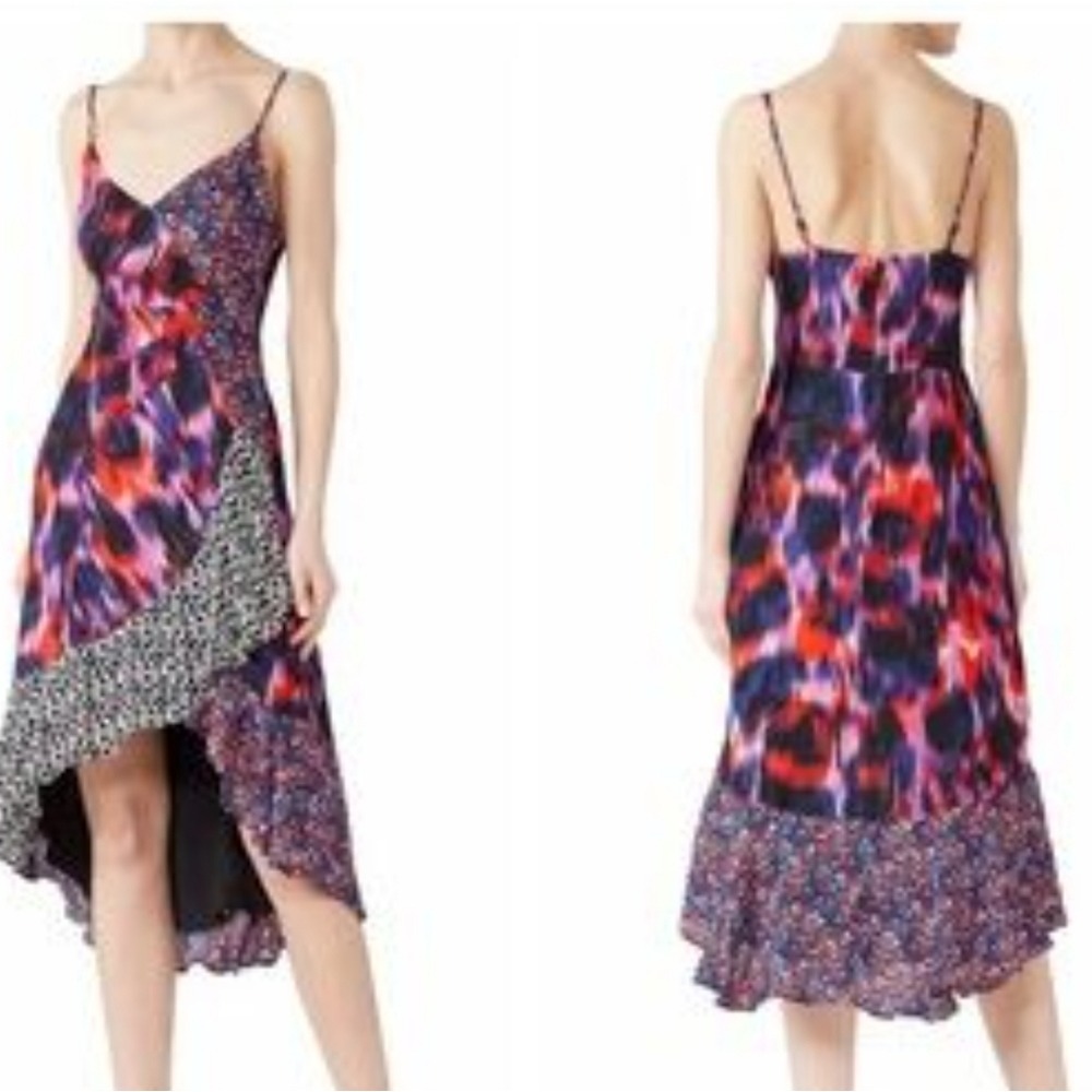 Parker New York Mixed Print High Low Midi Dress Floral Animal Abstract Size 8